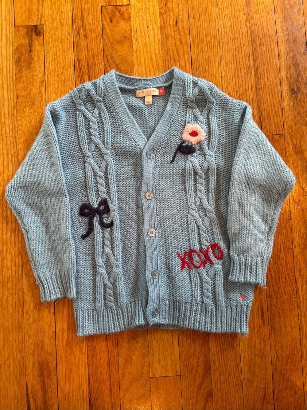 Pink Chicken Light Blue Knit grandpa cardigan with Pink Accent girls 7 yrs old